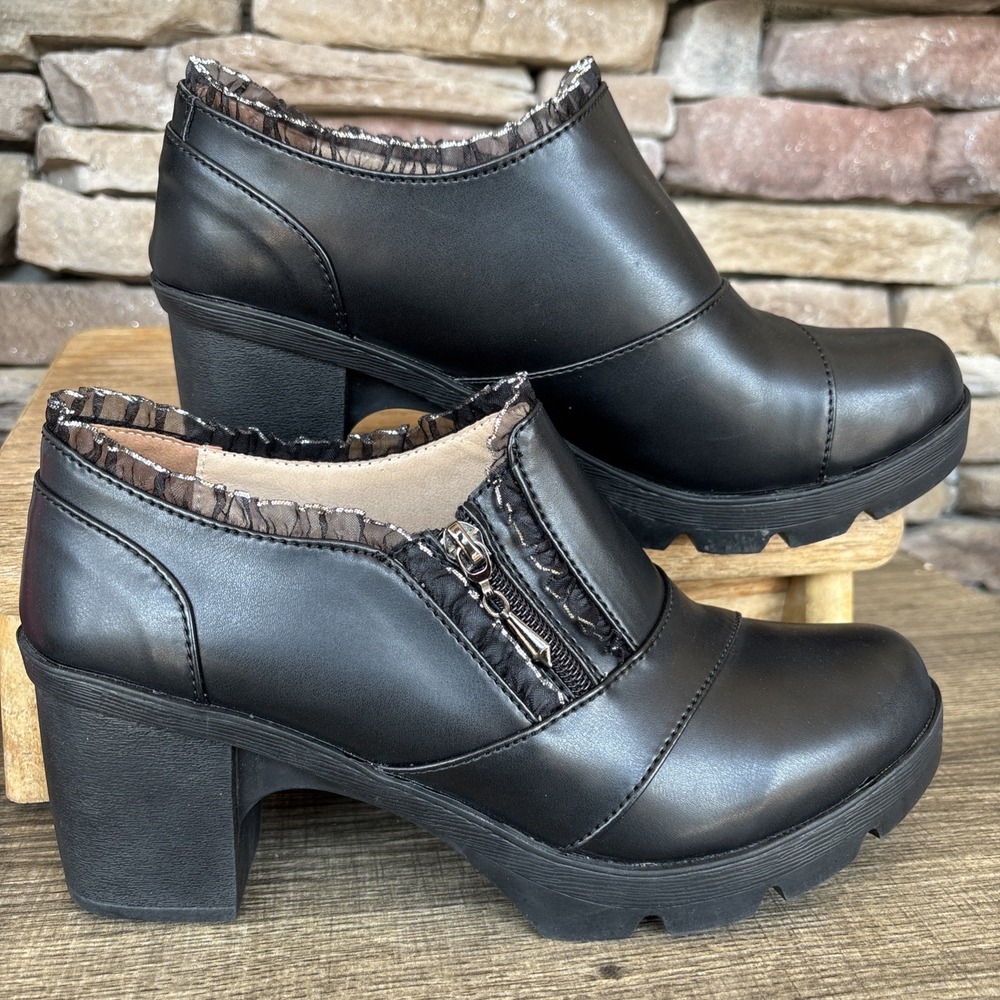 Dadawen Womens Ankle Boots Black 3 Inch Block Heel Lace On Edges Side Zip